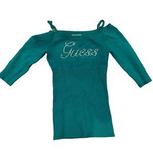 guess jeans off the shoulder teal knit top